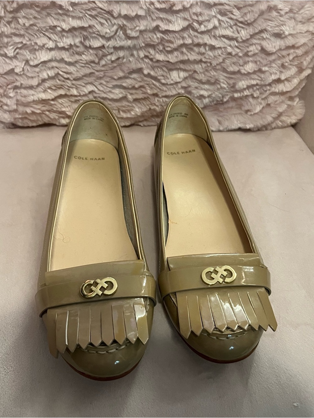 Cole Haan Patent Leather Fringe Loafers in Taupe with Gold Hardware